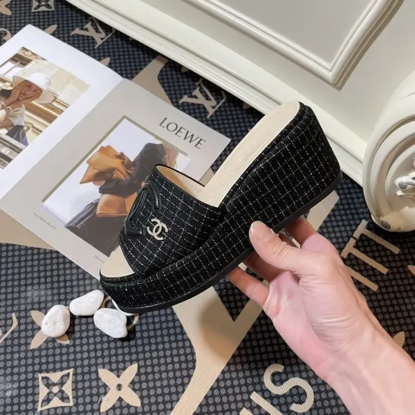 Chanel Tweed Cc Platform Slide Sandals Black