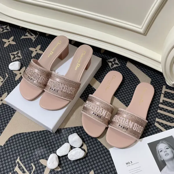 Dior Dway Slide Calfskin And Embroidered Cotton Nude  Kcq986Cey S21U