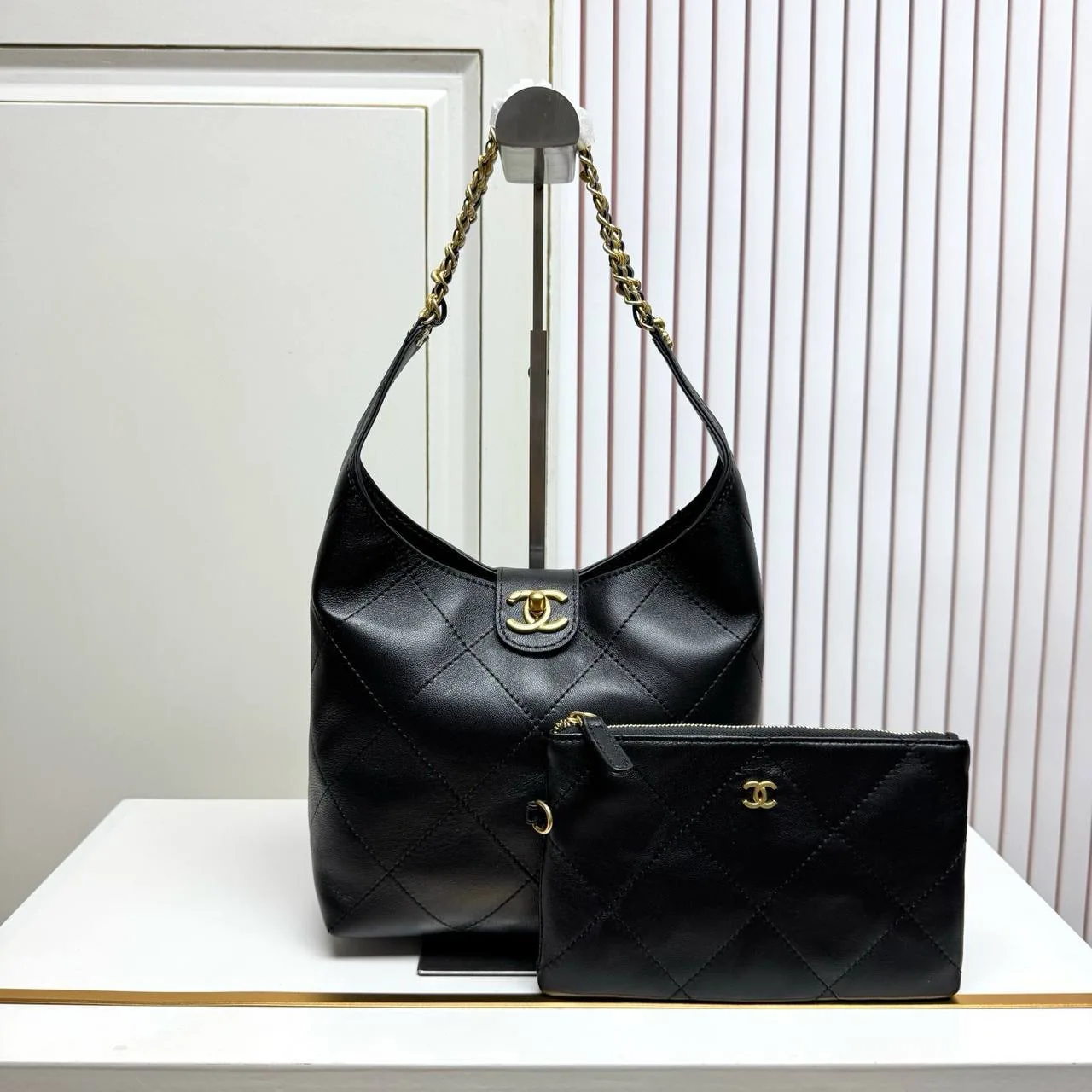 Chanel Black Lambskin Quilted Braided Chain Hobo Bag Aged Gold Hardware
