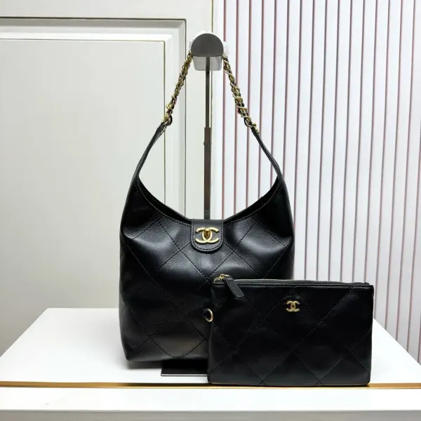 Chanel Black Lambskin Quilted Braided Chain Hobo Bag Aged Gold Hardware