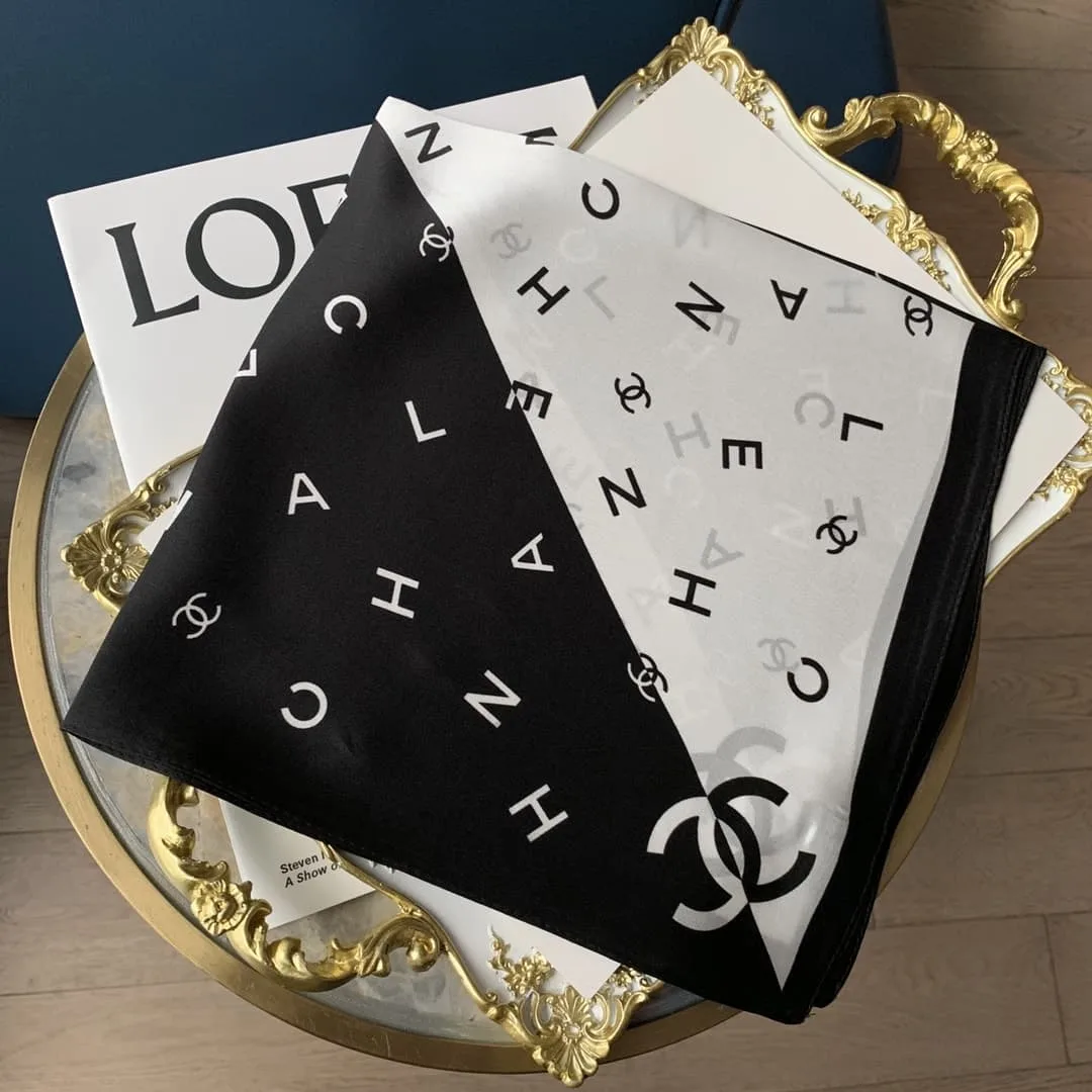Chanel Multi Letters Square Silk Scarf Black White Secondary image