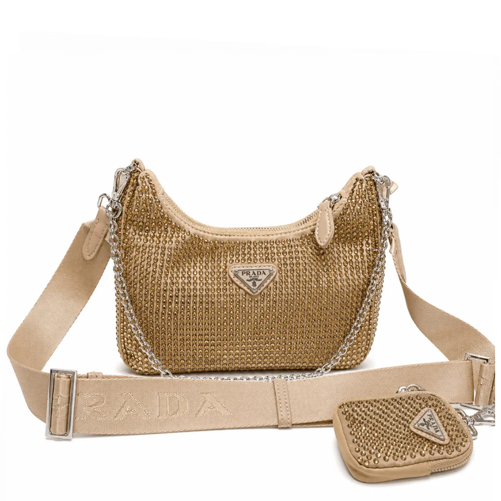 Prada Crystal Embellished Metallic Re-Edition 2005 Gold Satin Shoulder Bag Main image
