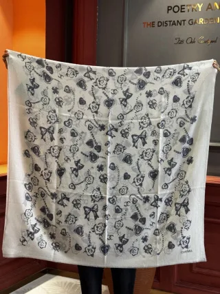 Chanel Square Scarf Twill Silk Black & White