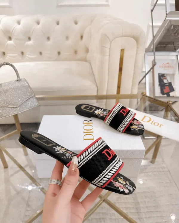 Dior Dway Slide Embroidered Canvas Black Floral Motif