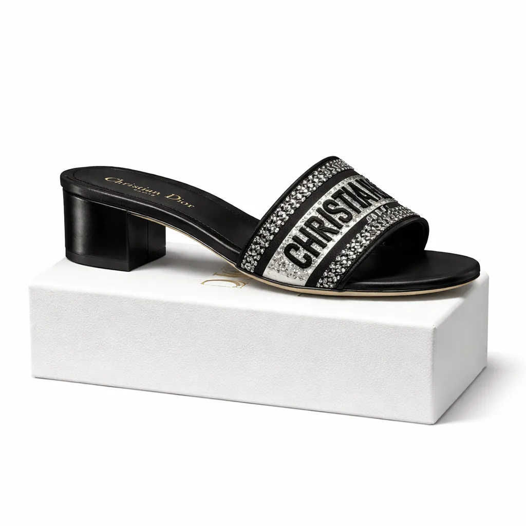 Dior Dway Heeled Slide Embroided Cotton Black Secondary image