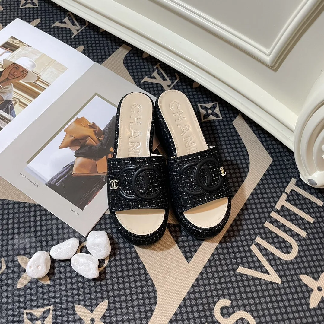 Chanel Tweed Cc Platform Slide Sandals Black