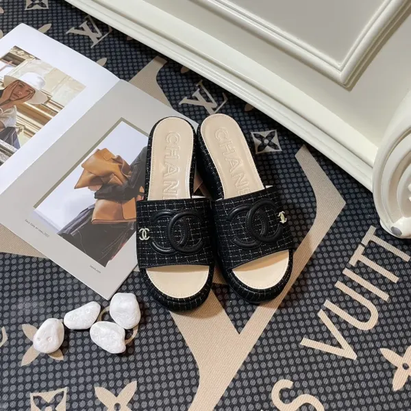 Chanel Tweed Cc Platform Slide Sandals Black