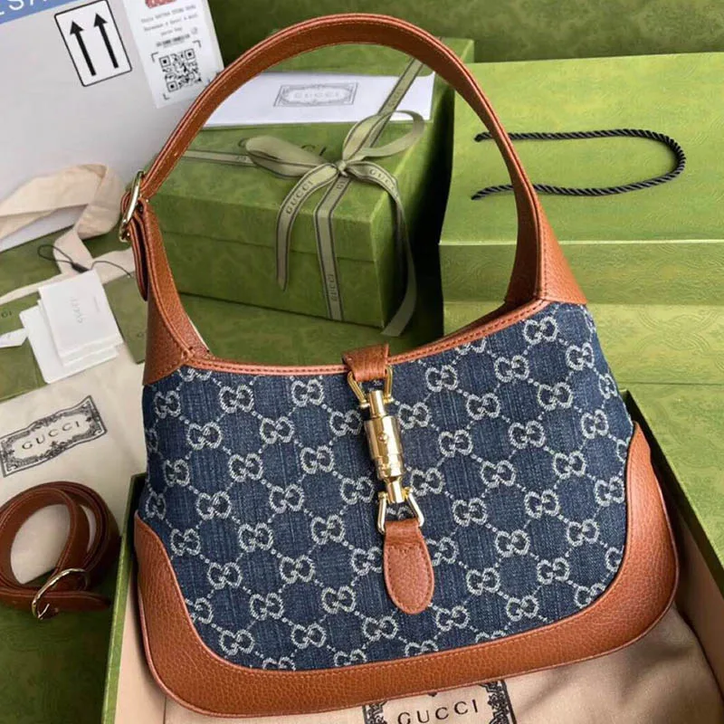 New Denim GG Monogram Calfskin Small Jackie 1961 Hobo Blue Tea Cuir
