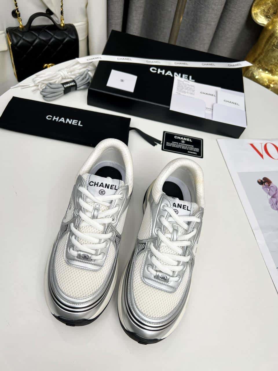 Chanel 23C Silver Metallic Cc Logo Lace Up Flat Runner Trainer Sneaker White G39792 Y56368 K5451