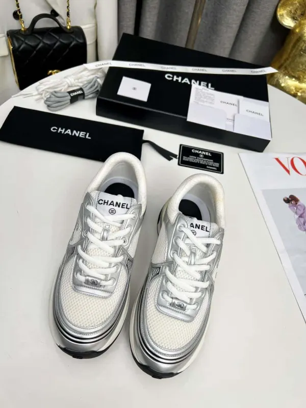 Chanel 23C Silver Metallic Cc Logo Lace Up Flat Runner Trainer Sneaker White G39792 Y56368 K5451
