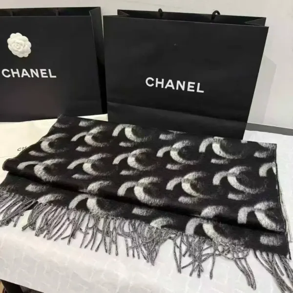 Chanel Black And White Cashmere Blend Scarf