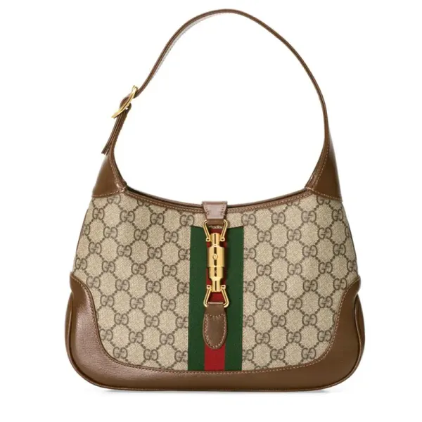 Gucci Jackie 1961 Small Shoulder Bag Beige GG Canvas Brown Leather Gold