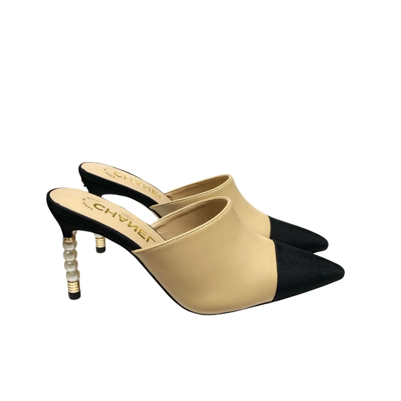 Chanel Beige Lambskin Leather Cap Toe Pearl Heel Mules Main image