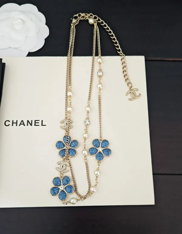 Chanel Blue Denim And Floral Motif Necklace