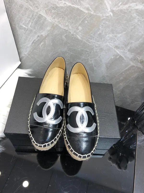 Chanel Embroidered Espadrille Leather Cap Toe Flats Black Cc