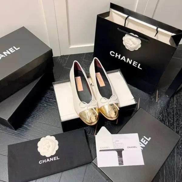 Chanel Leather Cap Toe Ballet Flats White Gold
