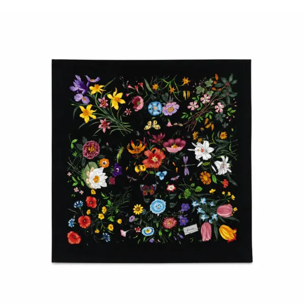 Gucci Scarf Flora Print Black Multicolor Silk