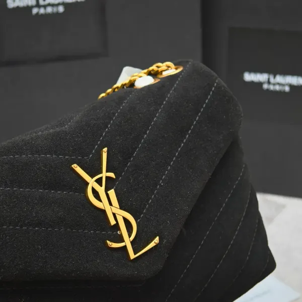 Saint Laurent Suede Calfskin Y Quilted Monogram Small Loulou Chain Satchel Black