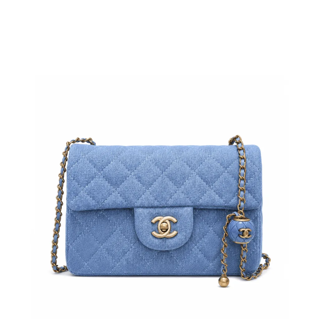 Chanel Blue Quilted Denim Pearl Crush Classic Flap Bag Brushed Gold Hardware 20Cm Main image