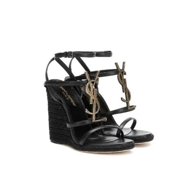 Saint Laurent Cassandra 115 Leather And Raffia Wedge Black Sandals Main image