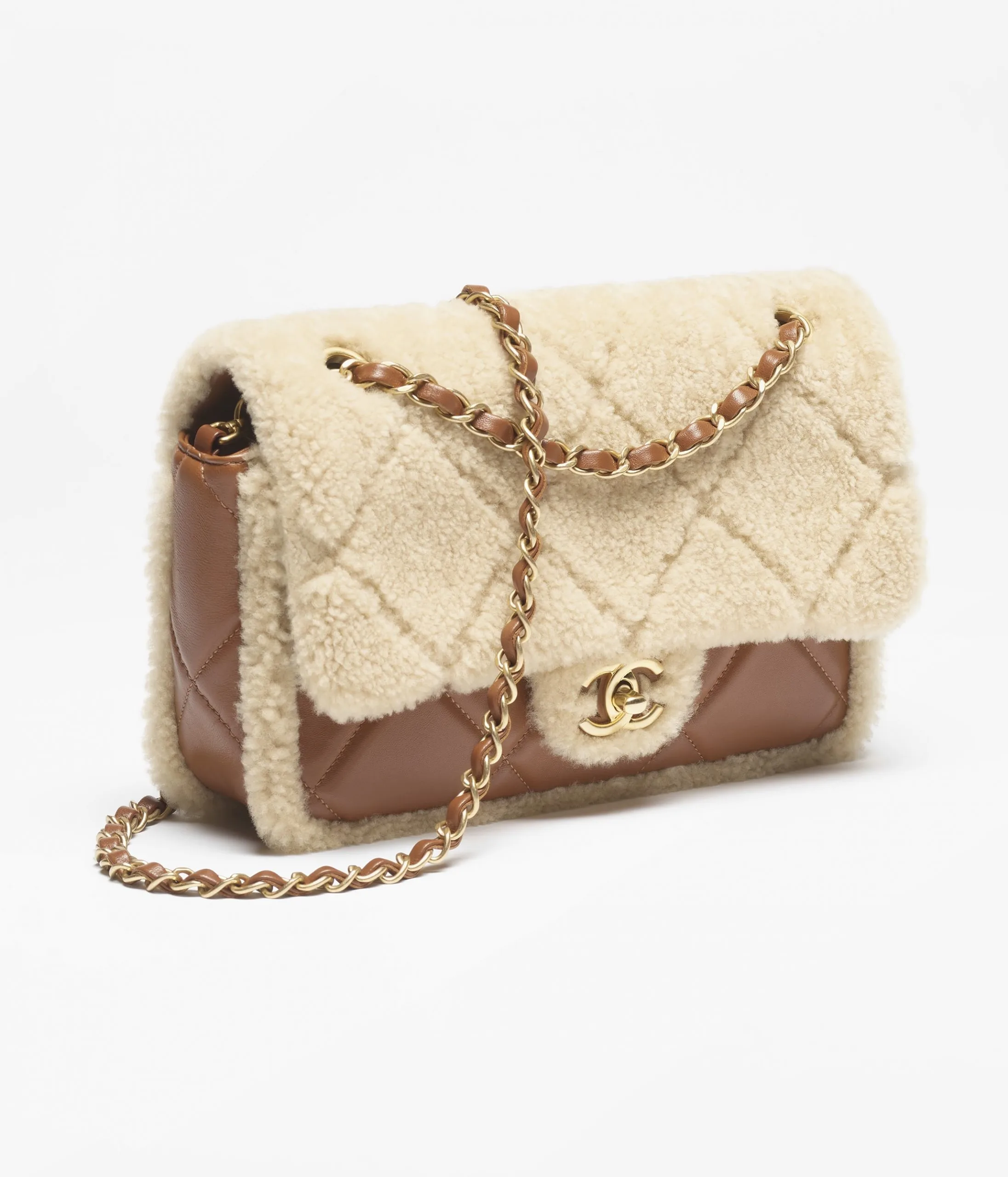Chanel Small Shearling Flap Leather Bags With Fur Trim Brown Secondary image