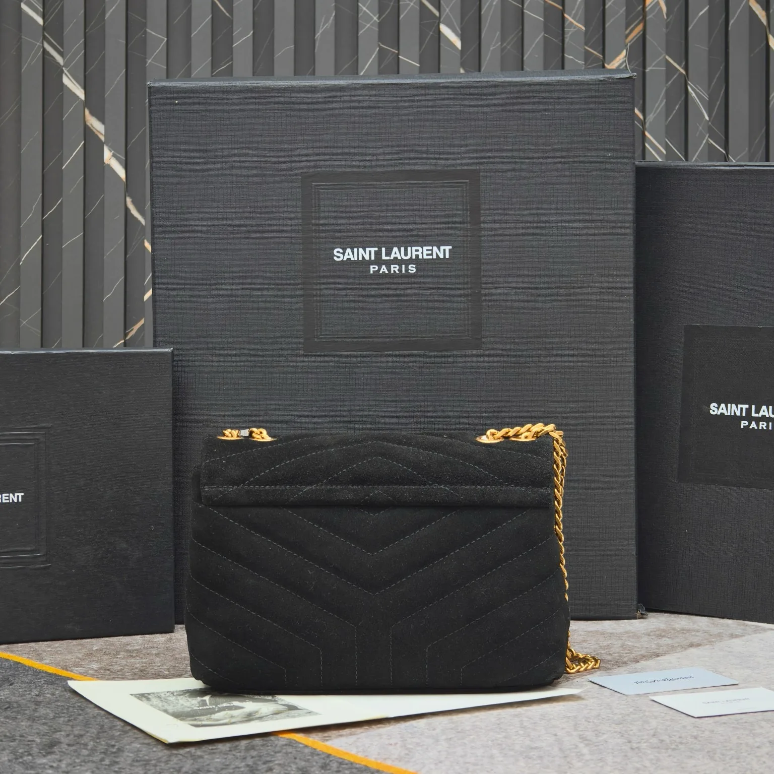 Saint Laurent Suede Calfskin Y Quilted Monogram Small Loulou Chain Satchel Black