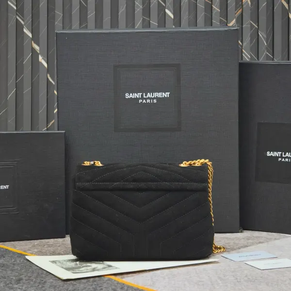 Saint Laurent Suede Calfskin Y Quilted Monogram Small Loulou Chain Satchel Black