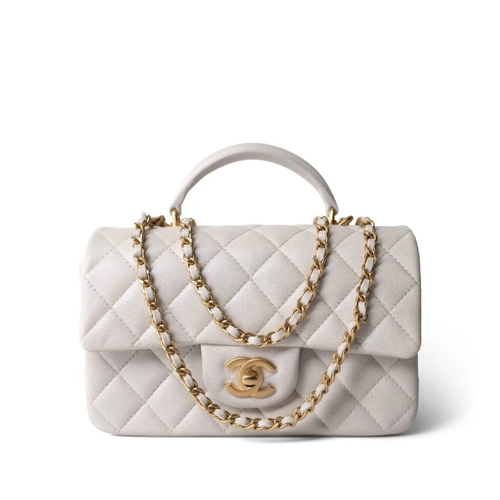 Chanel Mini Top Handle Flap Bag White Iridescent Lambskin With Gold Hardware As2431 Secondary image