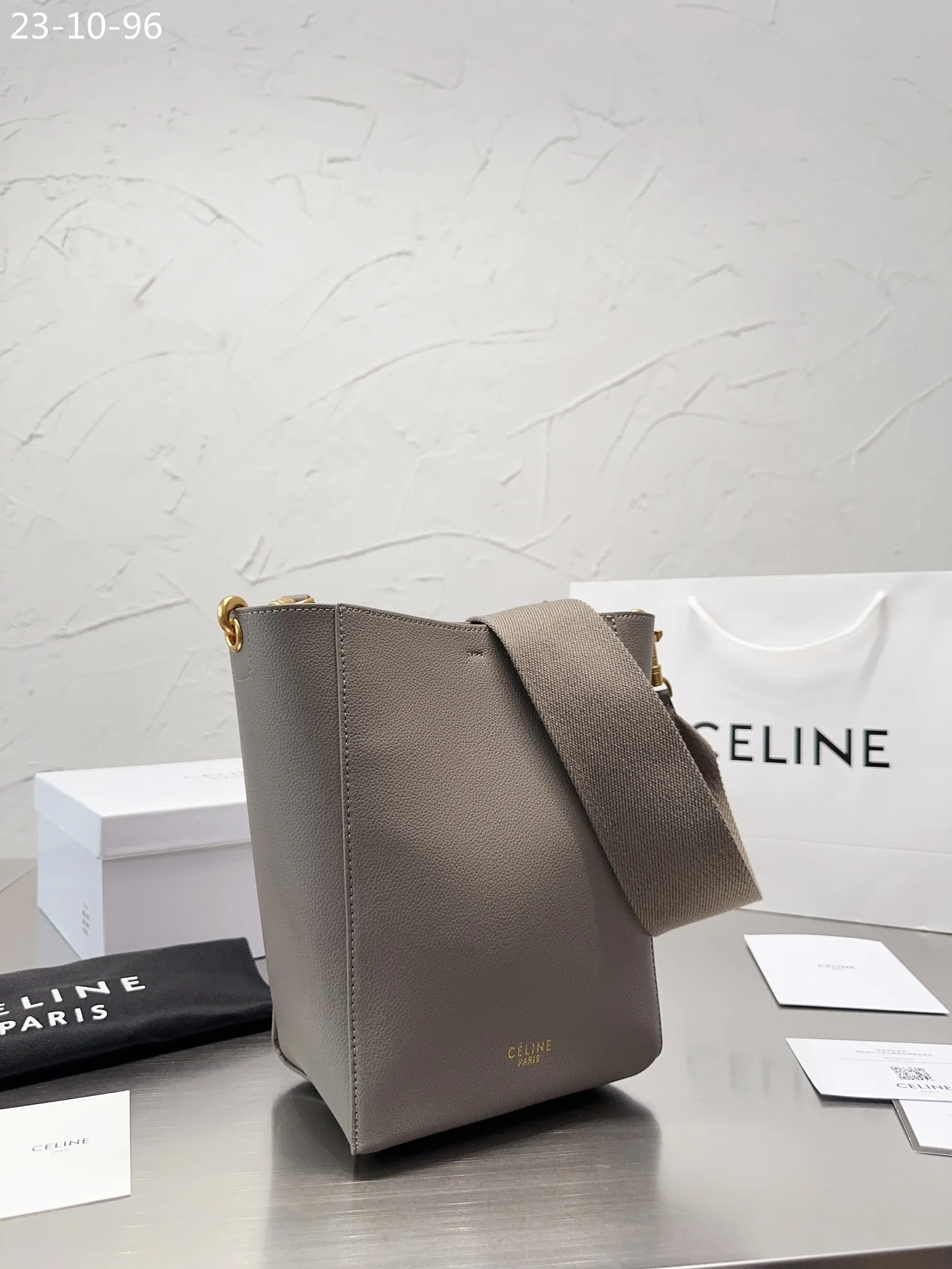 Celine Sangle Small Bucket Bag In Soft Grained Calfskin Gray Beige 26Cm Secondary image