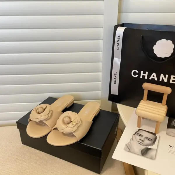 Chanel Camellia Slides Beige