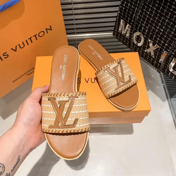 Louis Vuitton Lock It Flat Raffia Mules Brown