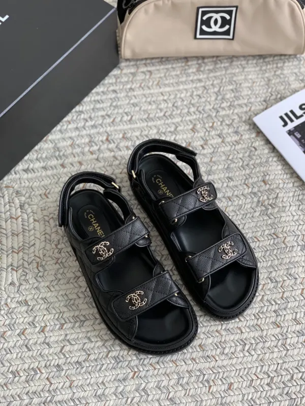 Chanel Cc Button Velcro Black Sandals Grained Calfskin Leather