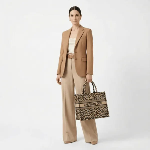 Dior Canvas Mizza Large Leopard Book Tote Beige 36cm