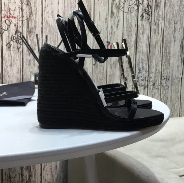 Saint Laurent Cassandra 115 Leather And Raffia Wedge Black Sandals