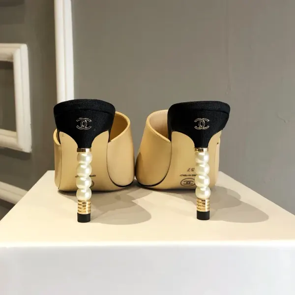 Chanel Beige Lambskin Leather Cap Toe Pearl Heel Mules