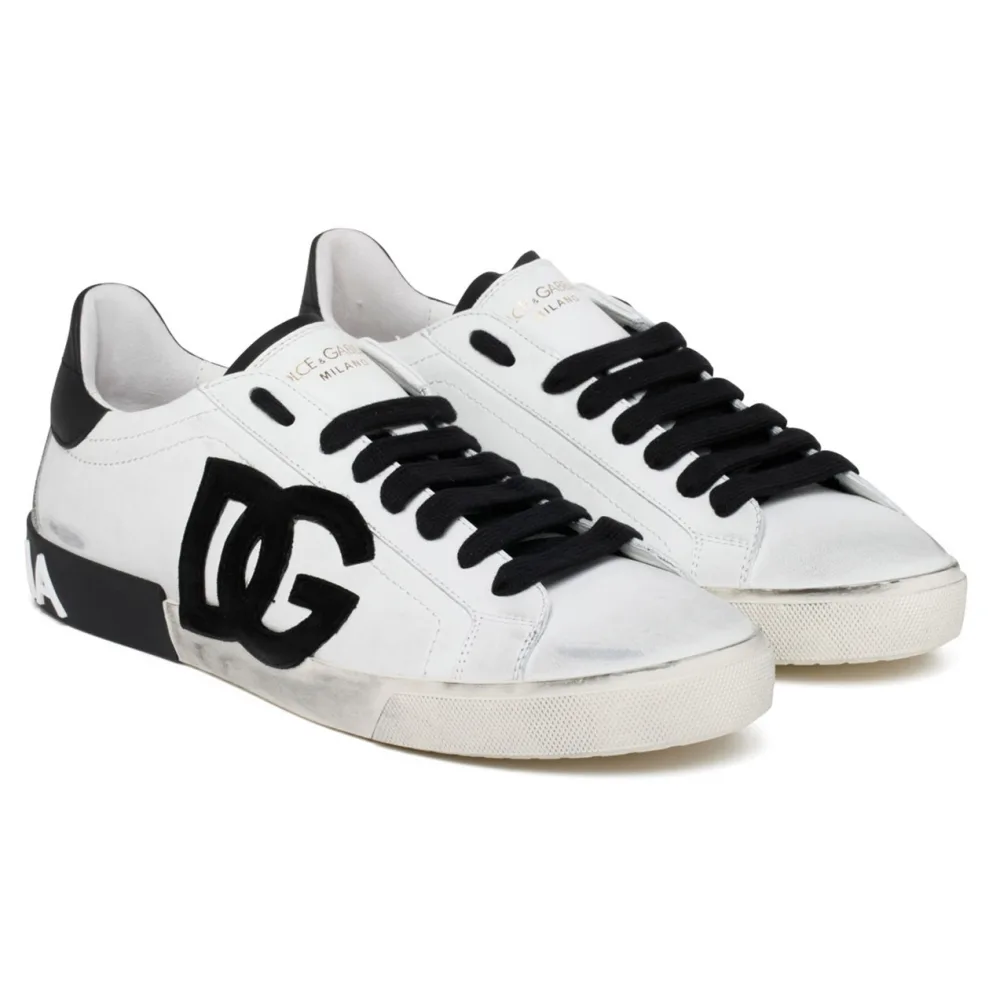 Dolce & Gabbana – White and Black Calf Leather Portofino Low Top Sneakers Main image