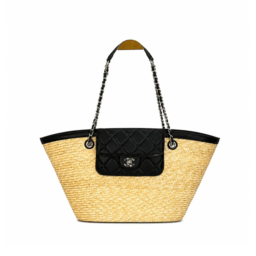 Chanel Large Shopping Tote Bag Beige Raffia and Black Lambskin Light Gold Hardware Main image
