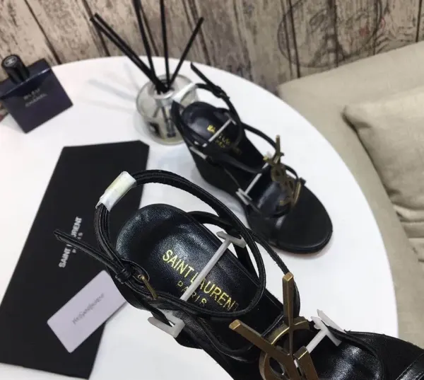 Saint Laurent Cassandra 115 Leather And Raffia Wedge Black Sandals