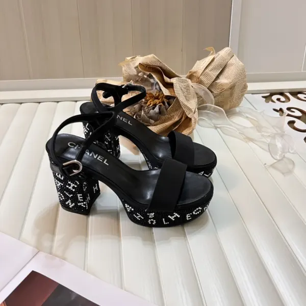 Chanel Sandal Pump Stone Beads Black Silver G45365 B15306 Nu665
