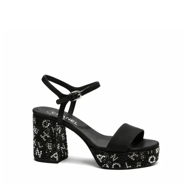 Chanel Sandal Pump Stone Beads Black Silver G45365 B15306 Nu665