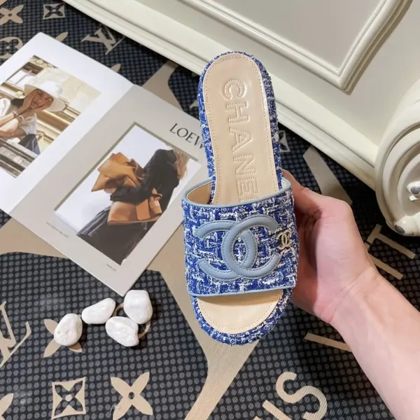 Chanel Tweed Cc Platform Slide Sandals Blue