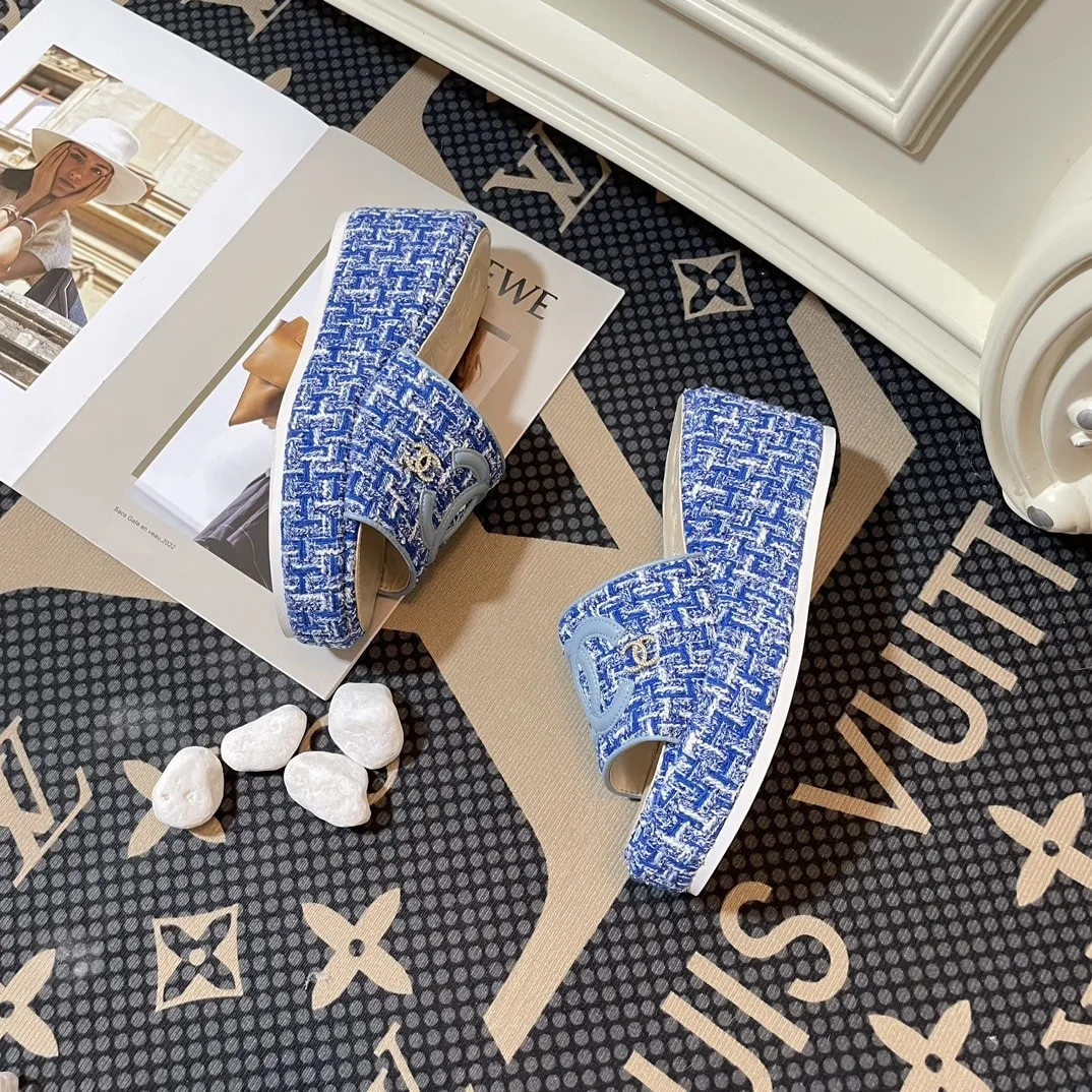 Chanel Tweed Cc Platform Slide Sandals Blue