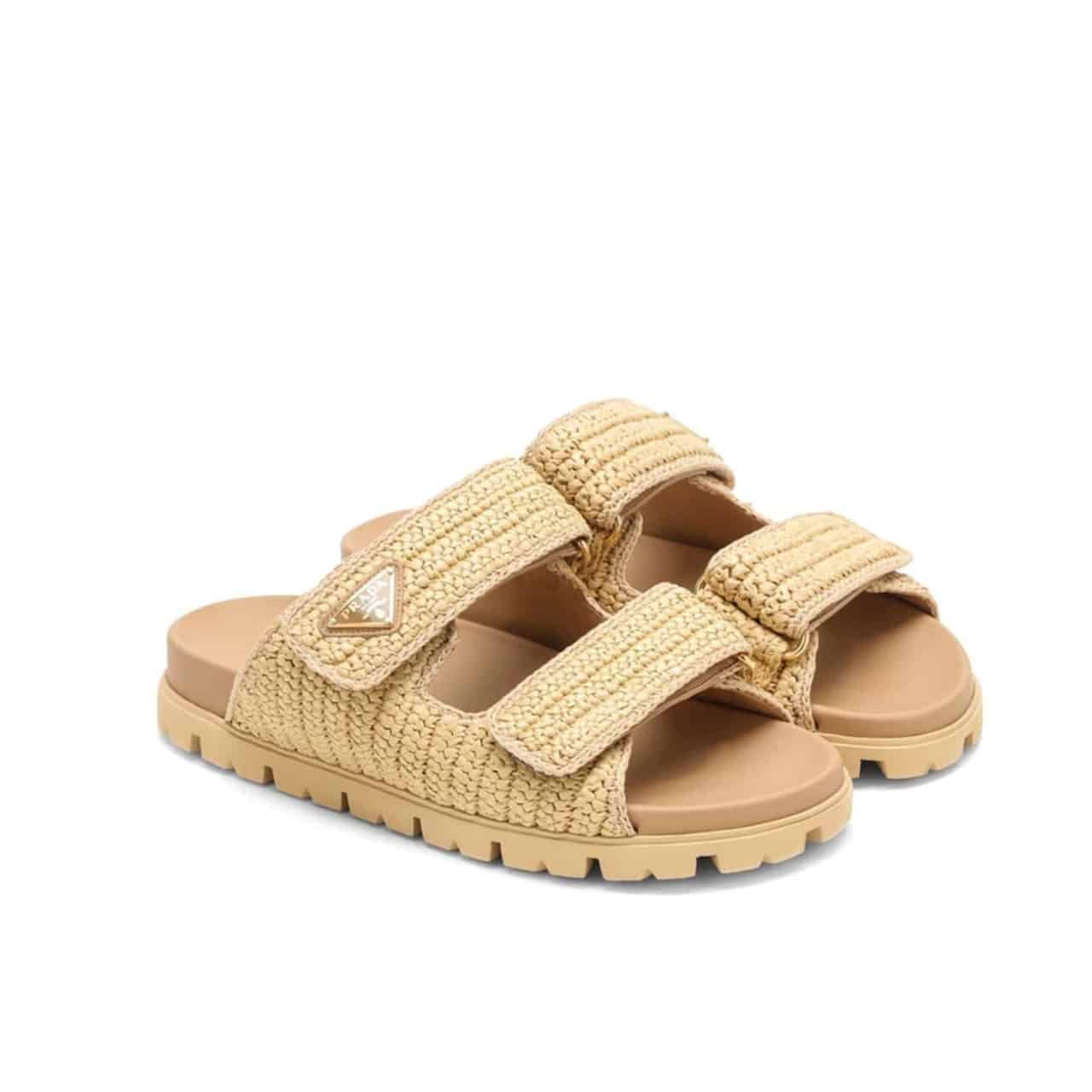Prada Raffia Double Band Slide Sandals Beige 1Xx699 F020 2C2T F0018 Main image