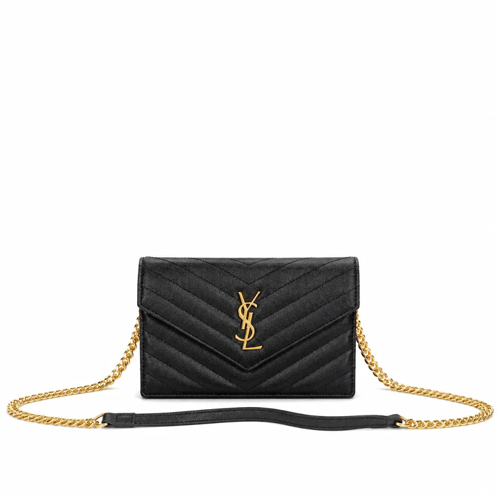 Saint Laurent Black Matelasse Quilted Graine de Poudre Leather Monogram Chain Wallet Clutch Bag Main image