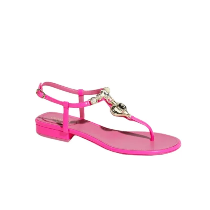 Chanel Shiny Lambskin Pearl Crystal CC Heart Thong Sandals Pink