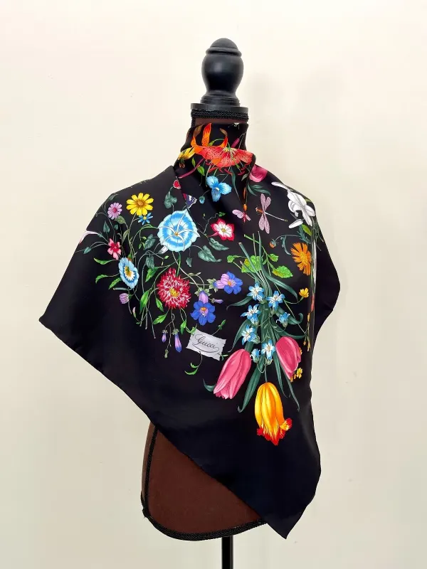 Gucci Scarf Flora Print Black Multicolor Silk