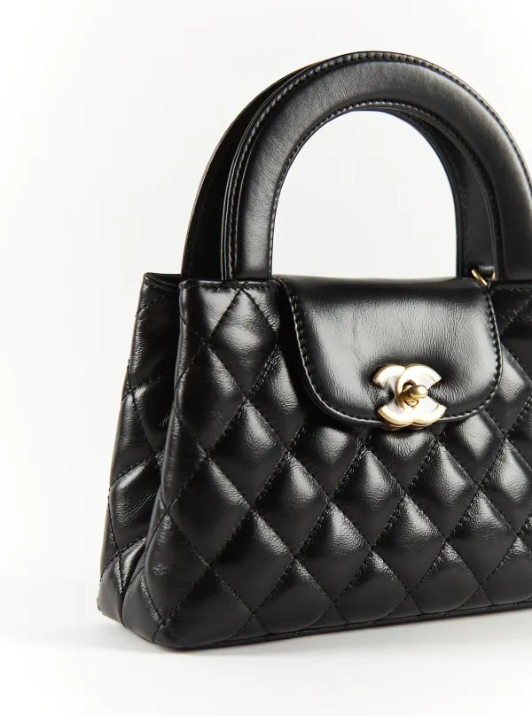 Chanel Shiny Aged Calfskin Quilted Nano Kelly Shopper Black