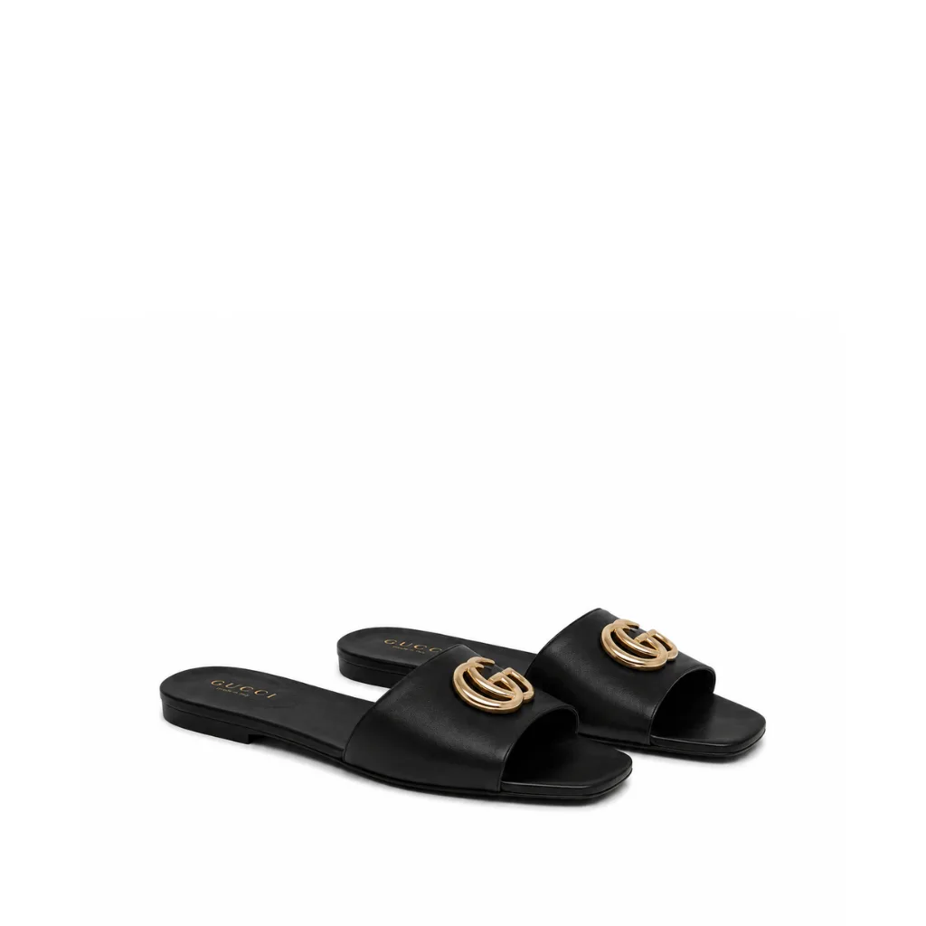 Gucci Double G Slide Sandals In Black Nappa Leather