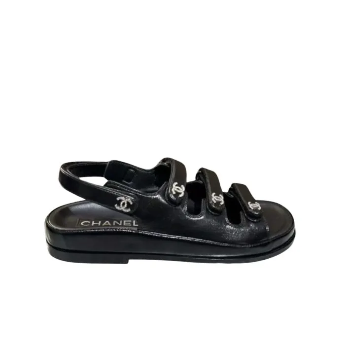 Chanel Black Leather Interlocking CC Logo Sandals