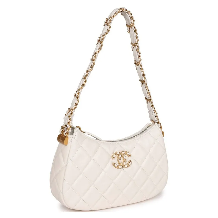 Chanel 19 Hobo Bag White Aged Calfskin Brushed Gold Hardware